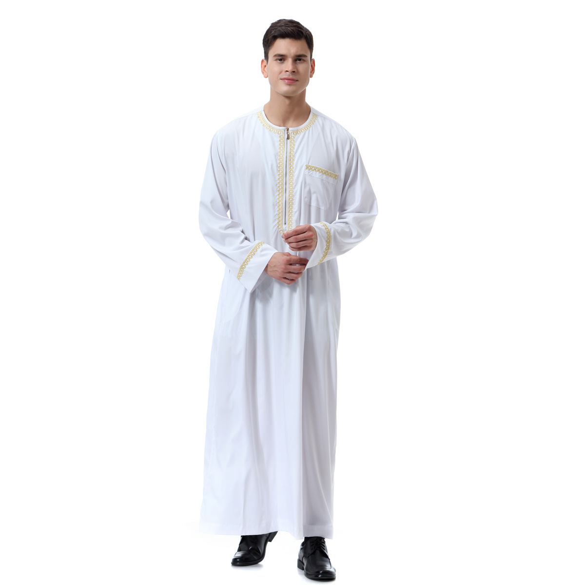 Middle East Zipper Round Neck Embroidery Robes Islamic Clothing Muslim Abaya Moroccan Thobe For Men