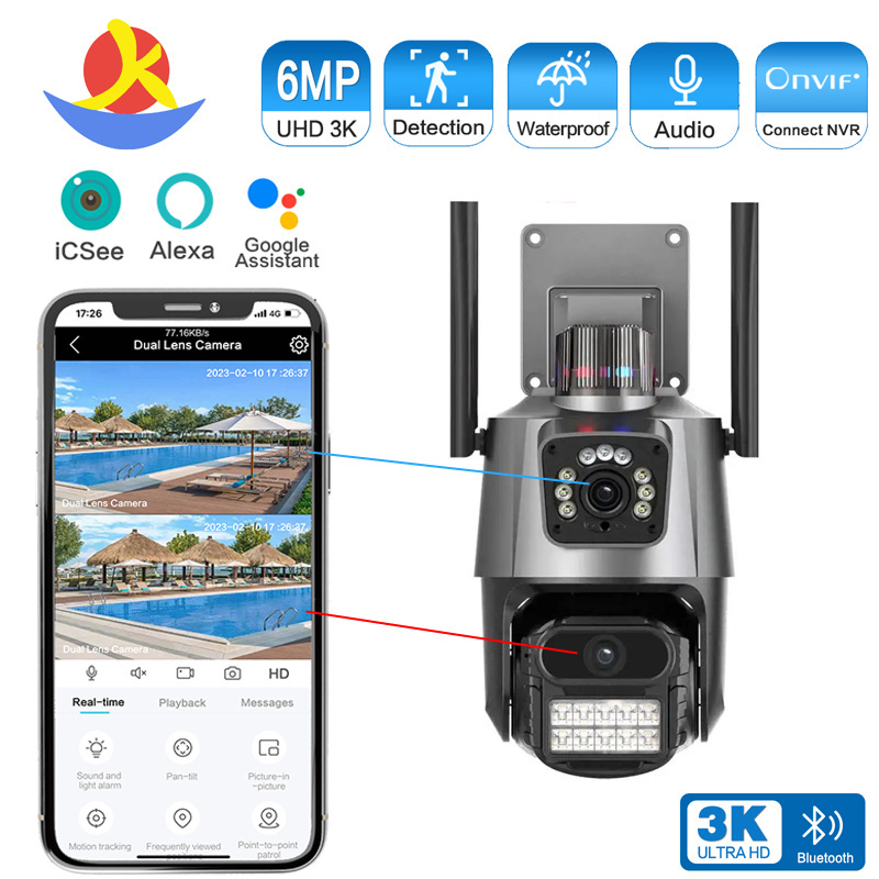 6Mp Dual Lens Ptz Camera Outdoor 2-Way Audio Smart Home Ai Tracking Motion Detection Icsee Surveillance Ip Cameras With Wifi