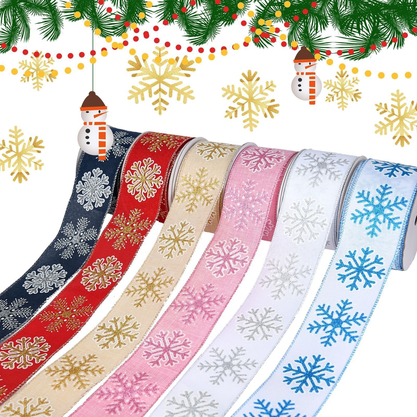 OKAY Wholesale 2.5 Inch Wide 10 Yards Christmas Single Face Wired Satin Ribbon For Xmas Tree Crafts Decoration