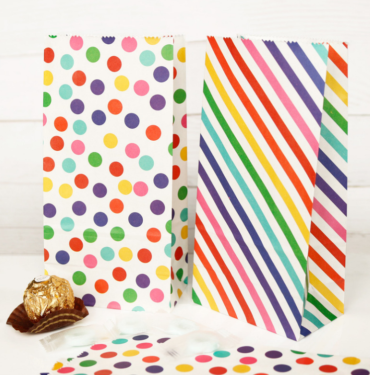 Okay Wholesale Luxury Rainbow Polka Dots Stripe Candy Favor Paper Bags With Stickers for Party Wedding Christmas