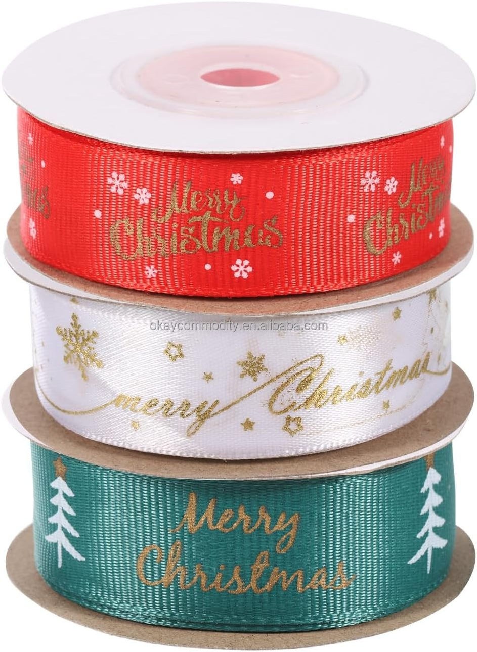 OKAY 1 Inch Customized Polyester Printed Christmas Satin Grosgrain Ribbon for Party Decor Bow Make