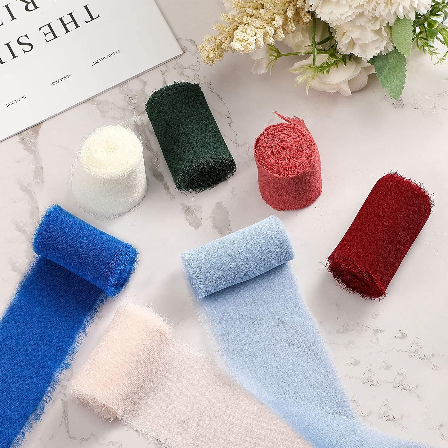 OKAY Handmade 1.5 Inch Fringe Chiffon Ribbon, Frayed Colorful Chiffon Ribbon Rolls for Valentine's Day Wedding  Invitation