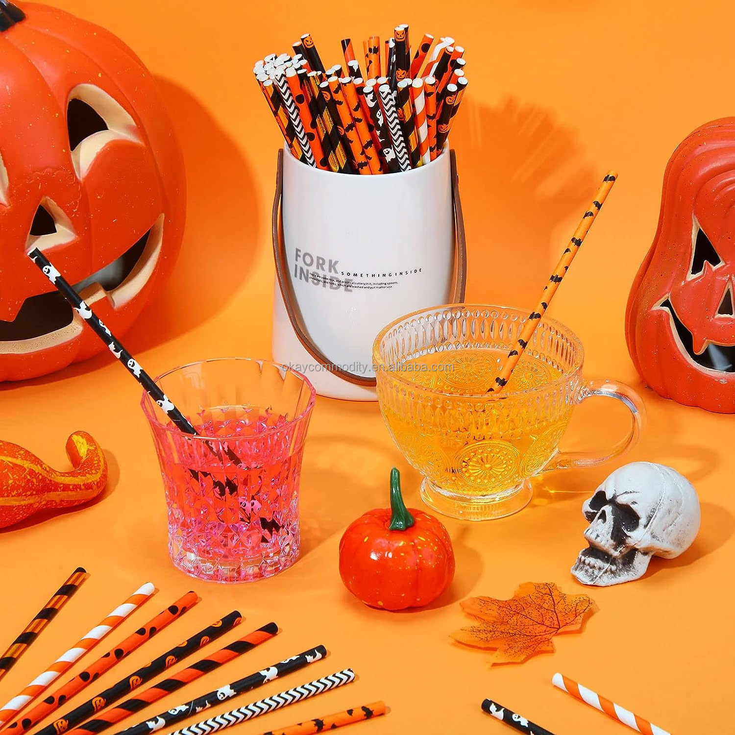 OKAY Wholesale Pumpkin Bat Spider Web Skeleton Pattern Black Orange Paper Drinking Straws For Halloween Birthday Decoration