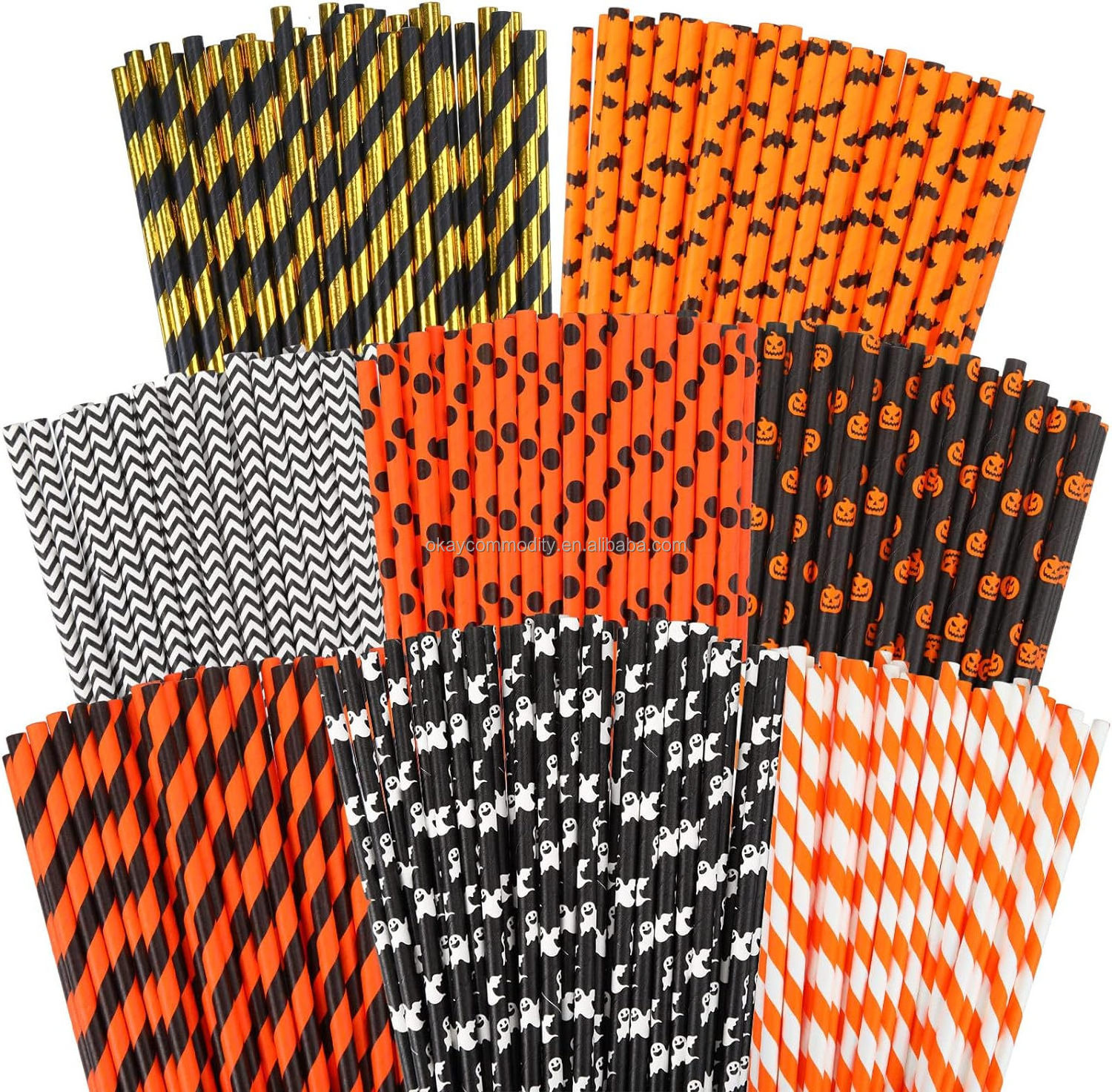 OKAY Wholesale Pumpkin Bat Spider Web Skeleton Pattern Black Orange Paper Drinking Straws For Halloween Birthday Decoration