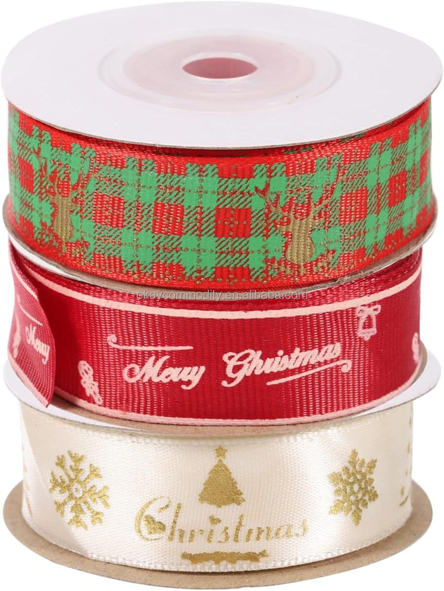 OKAY 1 Inch Customized Polyester Printed Christmas Satin Grosgrain Ribbon for Party Decor Bow Make