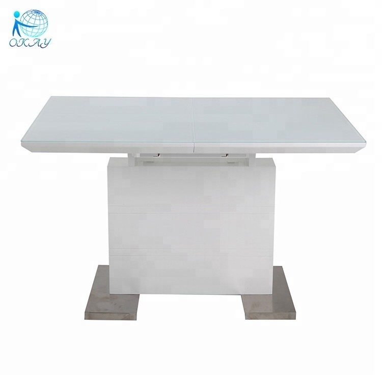 White glass mdf stainless steel base extension dining table living room table