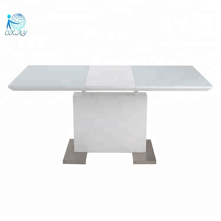 White glass mdf stainless steel base extension dining table living room table