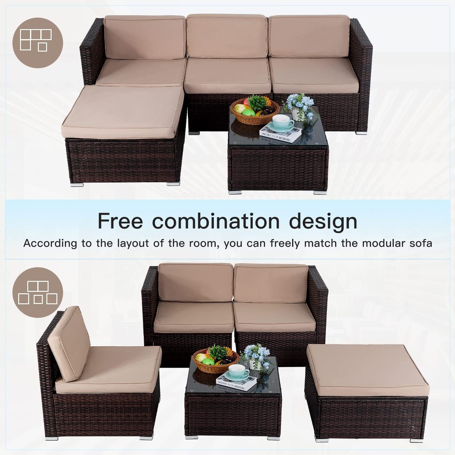 Best seller 5 pieces Modular Outdoor conversational Furniture Set Wicker Sectional Sofas Patio Rattan