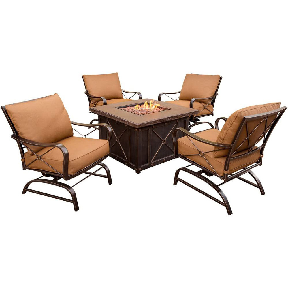 5-Piece Steel Outdoor Patio Set with 4 Rocking Armchairs Sunset Cushions and Square Fire Pit Table