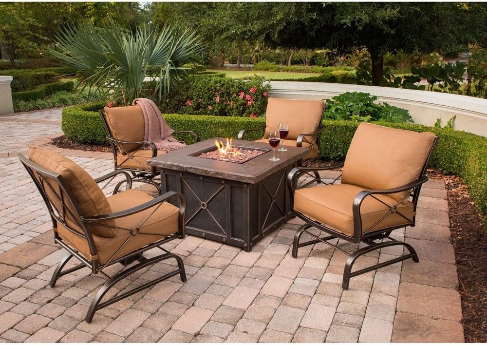 5-Piece Steel Outdoor Patio Set with 4 Rocking Armchairs Sunset Cushions and Square Fire Pit Table