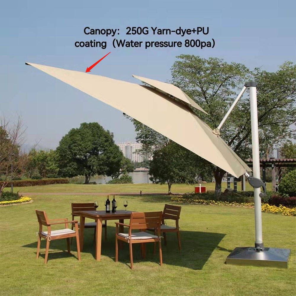 2 Tiers Patio Umbrellas Outdoor Large Market Umbrella With Crank Lift Protection Waterproof Sunproof Beige Color