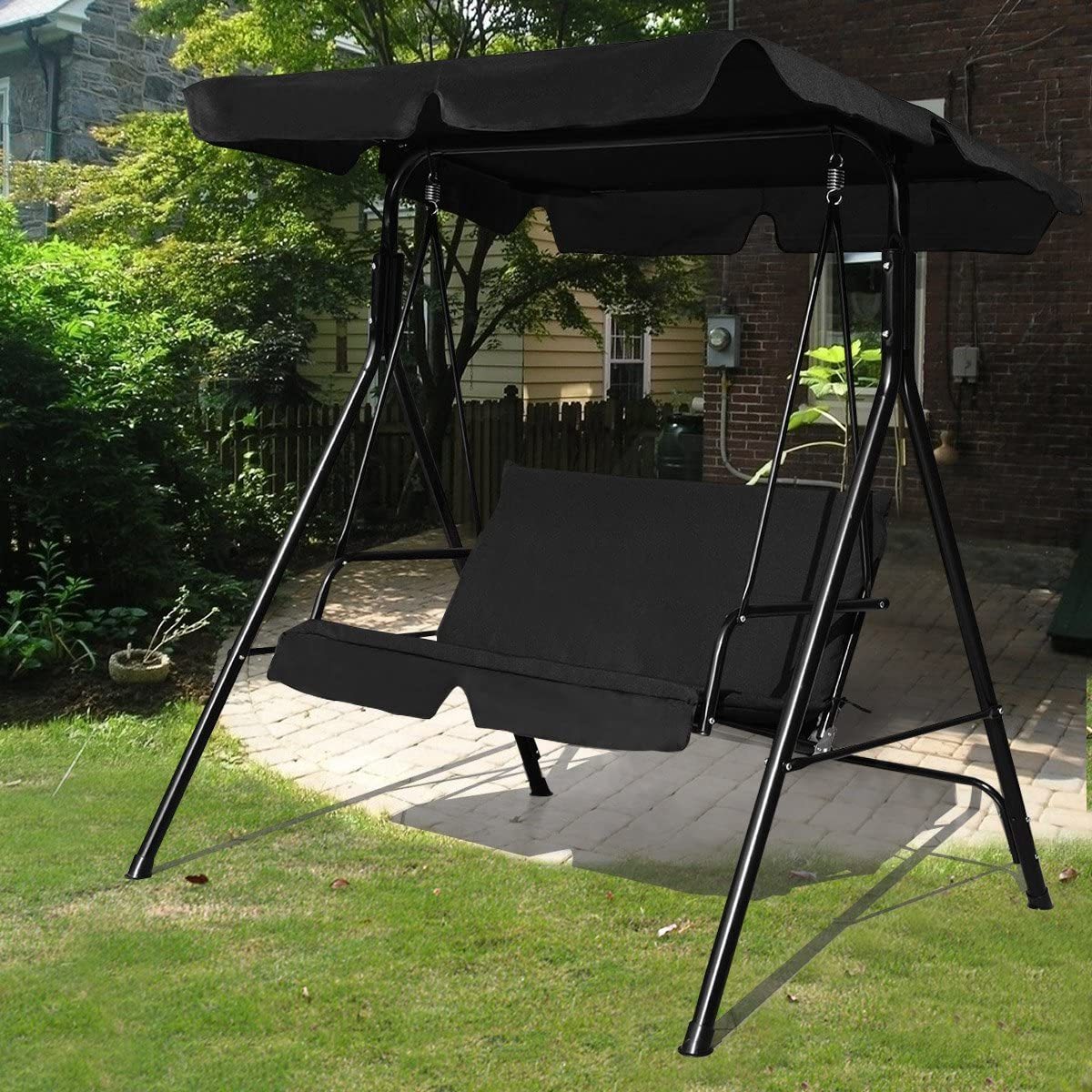 Outdoor Patio Steel Swing Chair Hanging swing for Garden Pool Backyard with Canopy Adjustable Screen  Cushions