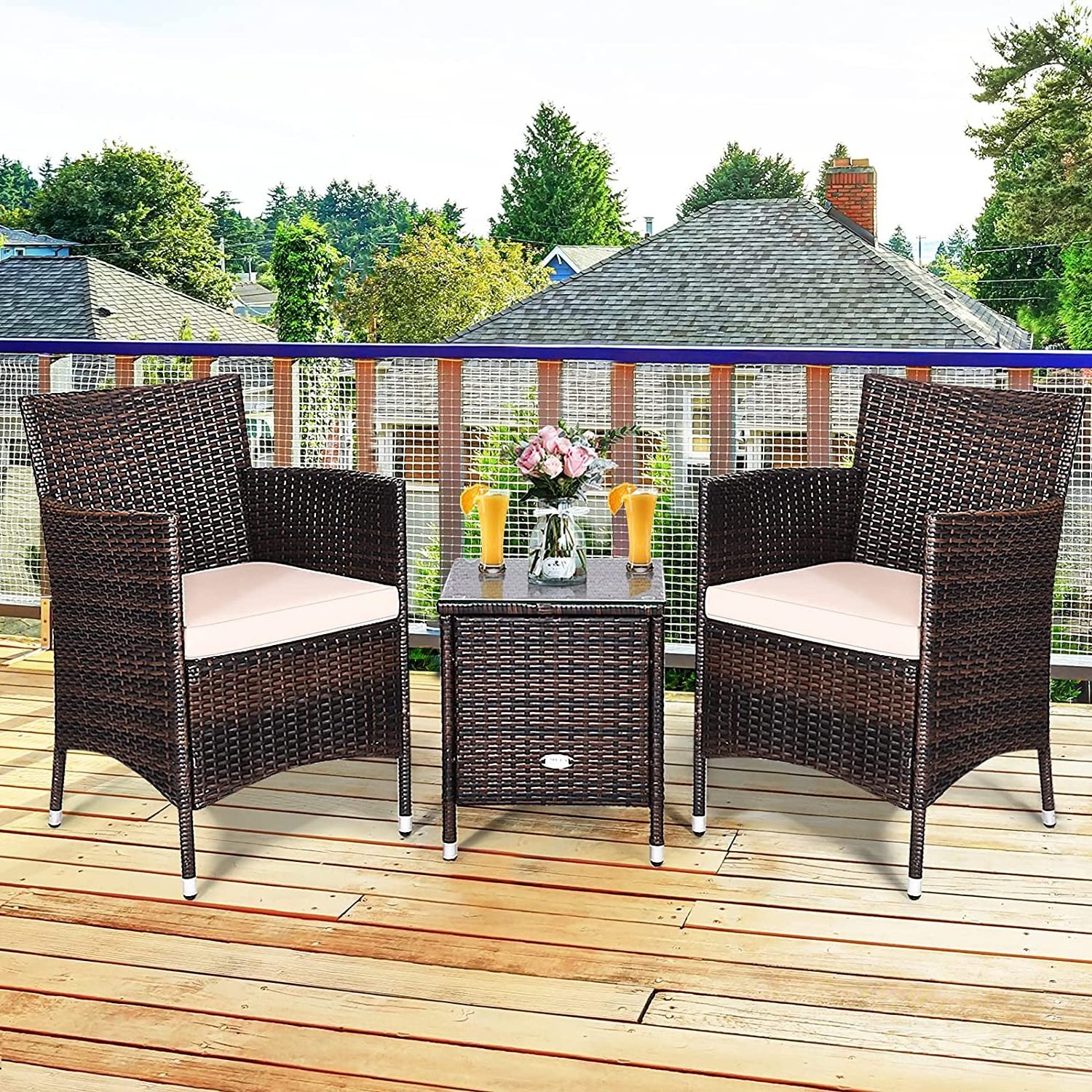 3 Piece Porch Furniture Sets Small Outdoor Black Wicker Rattan Patio Bistro Set Cushioned Patio Chairs Set And Table