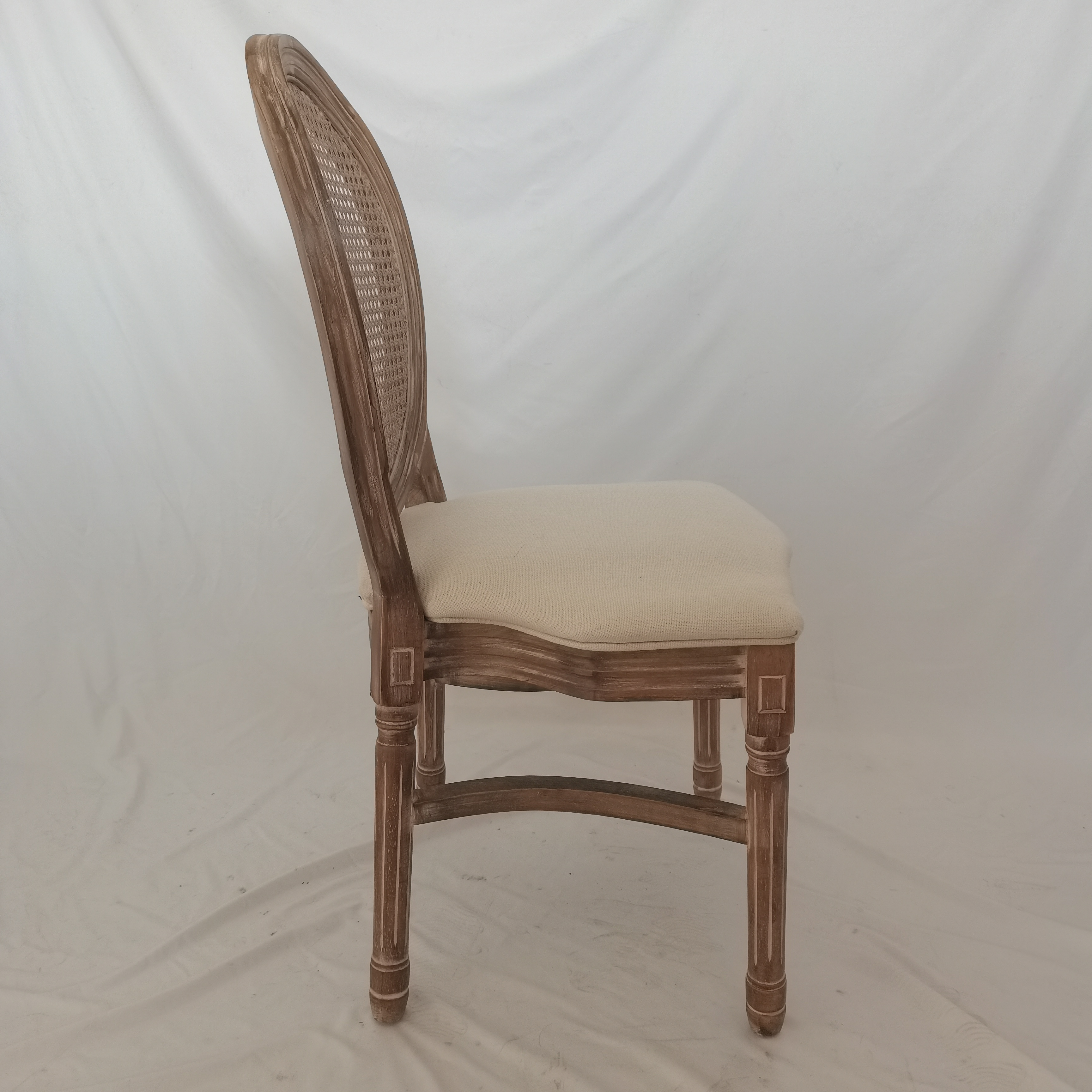 French Vintage Stackable Curved Louis Banquet Garden Restaurant Wedding Solid Wooden Fabric High Round Rattan Back Chair