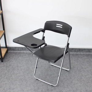 modern black foldable desk-attached school folding student adults training room study arm chair with writing pad tablet