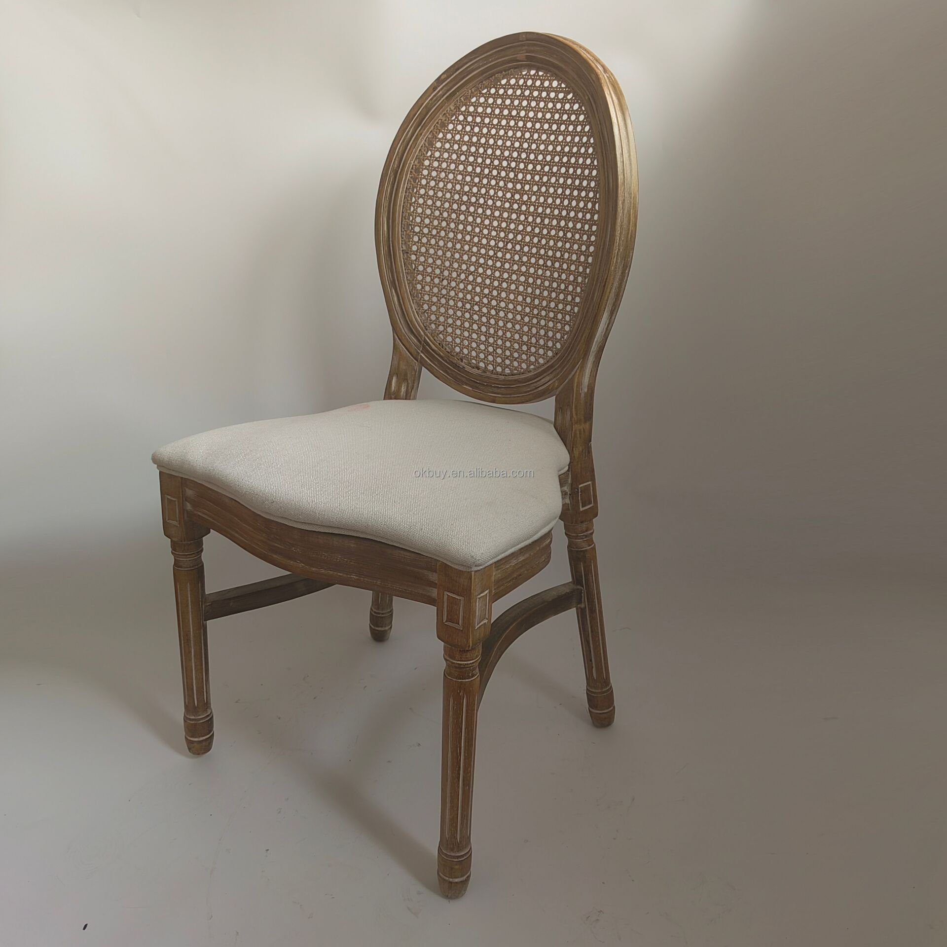 French Vintage Stackable Curved Louis Banquet Garden Restaurant Wedding Solid Wooden Fabric High Round Rattan Back Chair