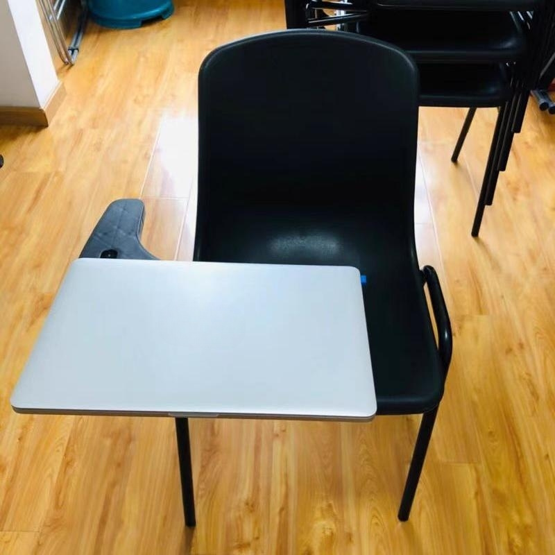 modern black foldable desk-attached school folding student adults training room study arm chair with writing pad tablet