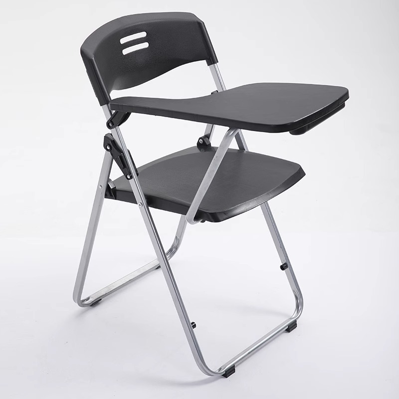 modern black foldable desk-attached school folding student adults training room study arm chair with writing pad tablet