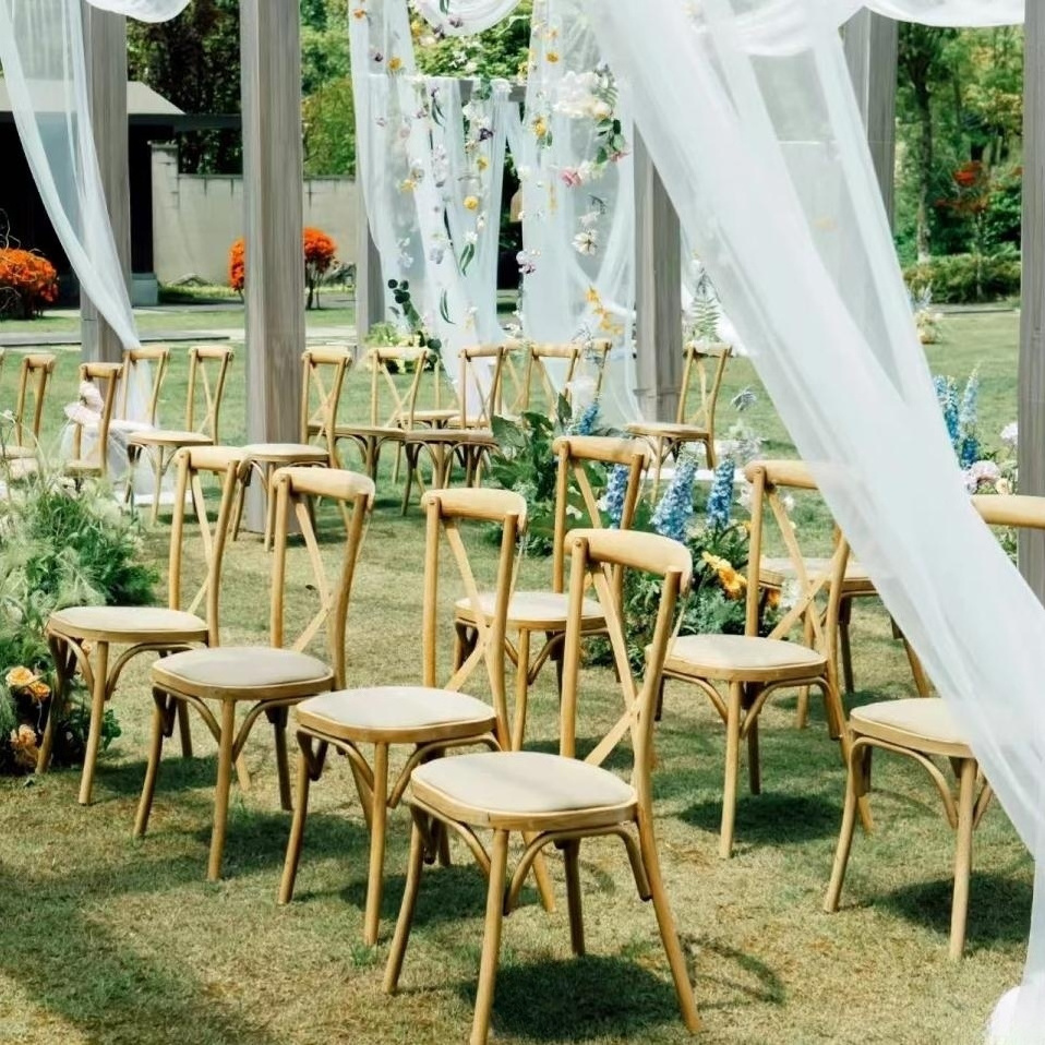 Vintage Rustic stackable Oak Wood Cross Back hotel wedding Banquet events resin plastic cross X back dining Chair for Sale