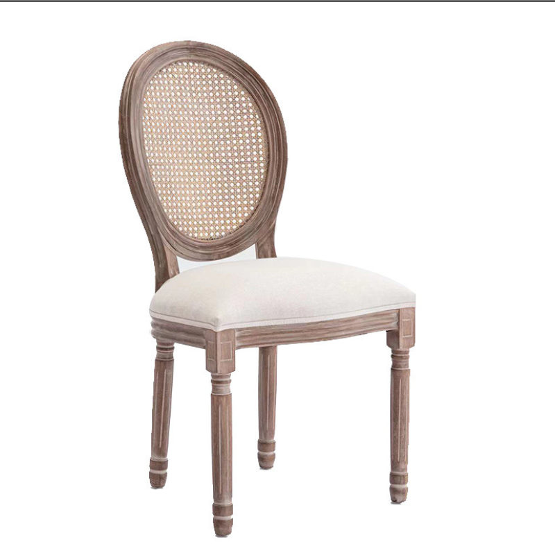 French Vintage Stackable Curved Louis Banquet Garden Restaurant Wedding Solid Wooden Fabric High Round Rattan Back Chair