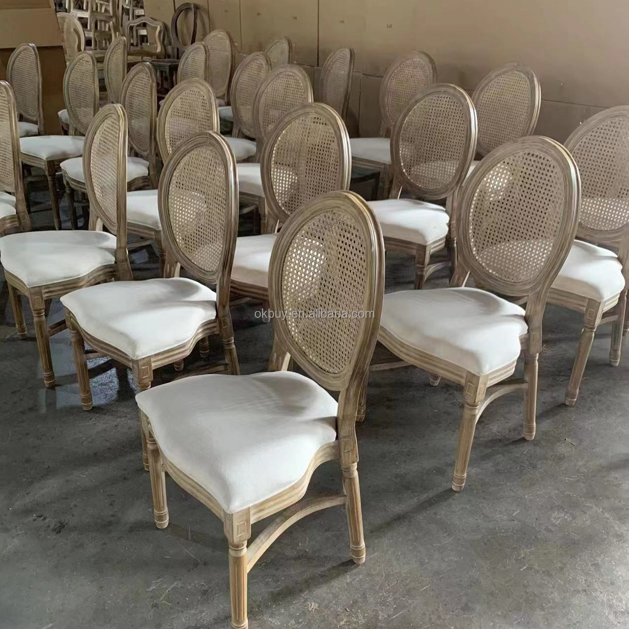 Hot sales luxury stackable banquet wooden party chair modern stacking wedding event dining chairs with high round rattan back