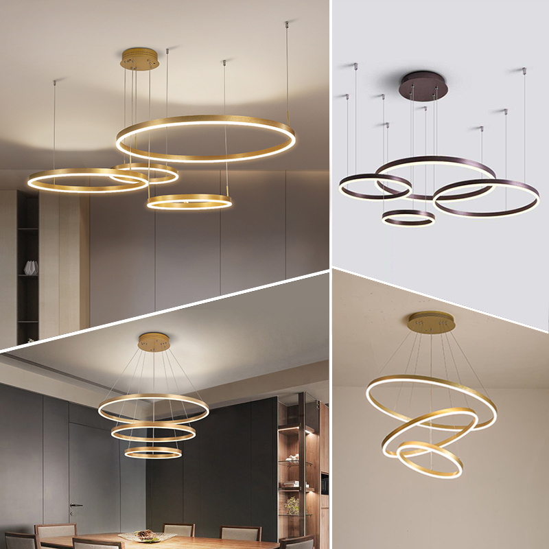 Simple Hanging Living Room Decorative Ceiling Pendant Lights Circle Rings Gold Luxury Modern Led Chandelier