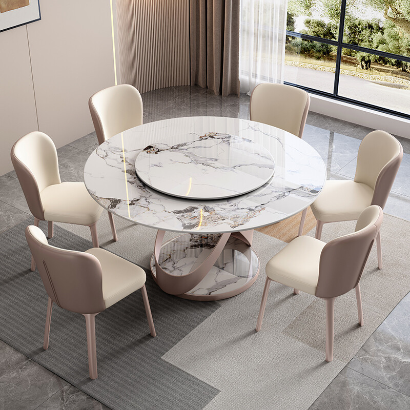 OKF Italian light luxury sintered stone slate top dining table round rotating dining table with rotating centre