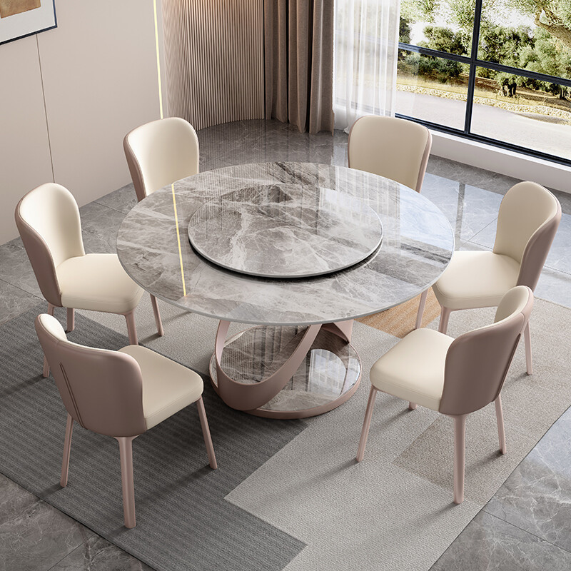 OKF Italian light luxury sintered stone slate top dining table round rotating dining table with rotating centre