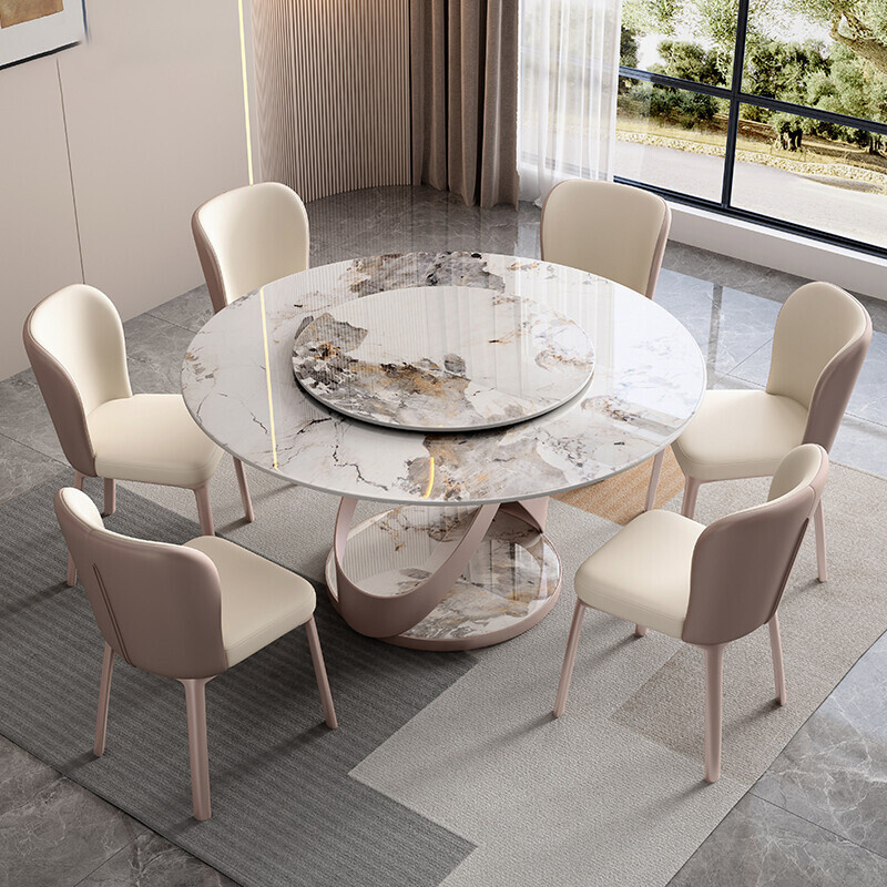 OKF Italian light luxury sintered stone slate top dining table round rotating dining table with rotating centre