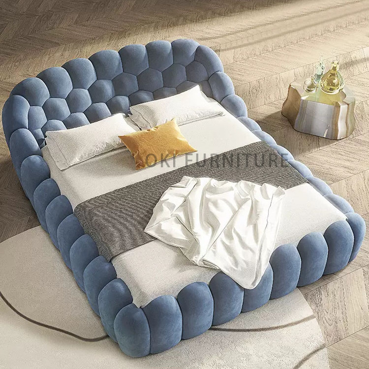 Italian modern minimalist design blue cloth bubble bedroom furniture wood frame fabric Double  bed