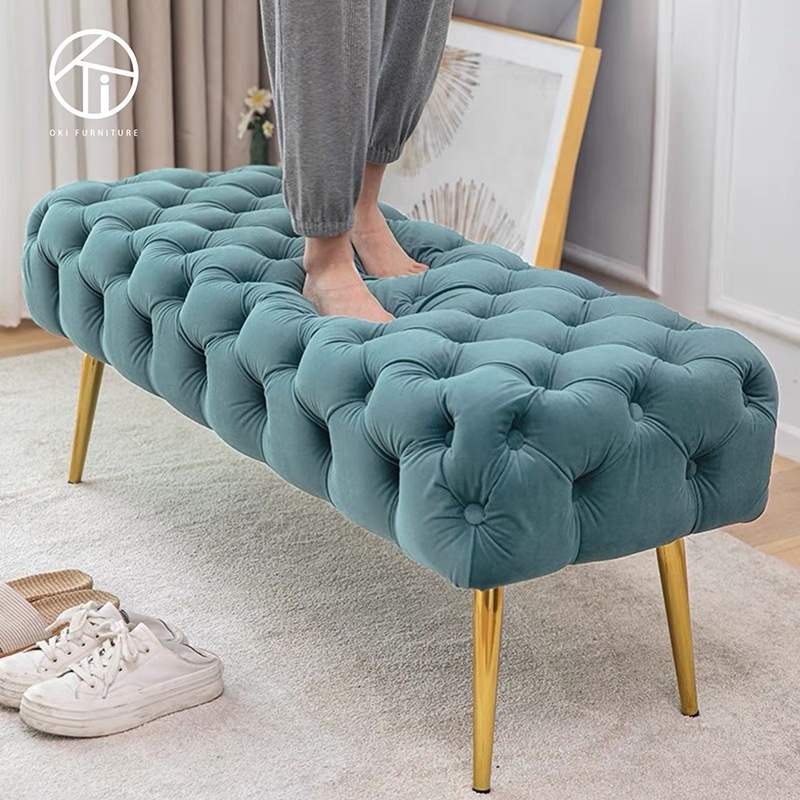 Luxury Furniture Corner Couch Italian Modern Living Room Home Entryway metal leg Bench Ottoman Velvet Fabric Bed End Furniture