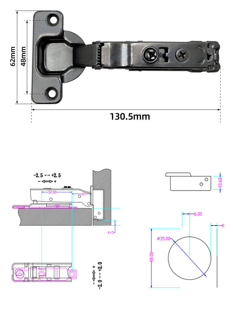 3D adjustable soft close clip on two way concealed linear mounting plate hydraulic cabinet hinge for furniture