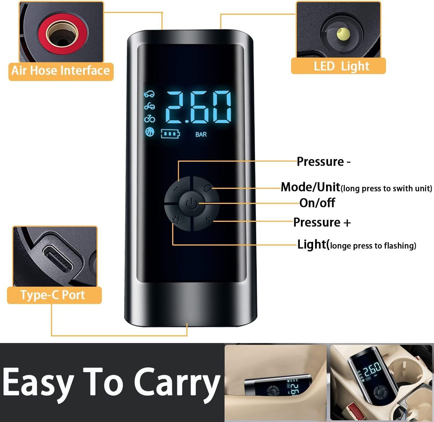 High Capacity 6000mAh 150psi Car Tire Air Pressure Monitor 12V Mini Wireless Air Pump Bike Portable Car Air Compressor