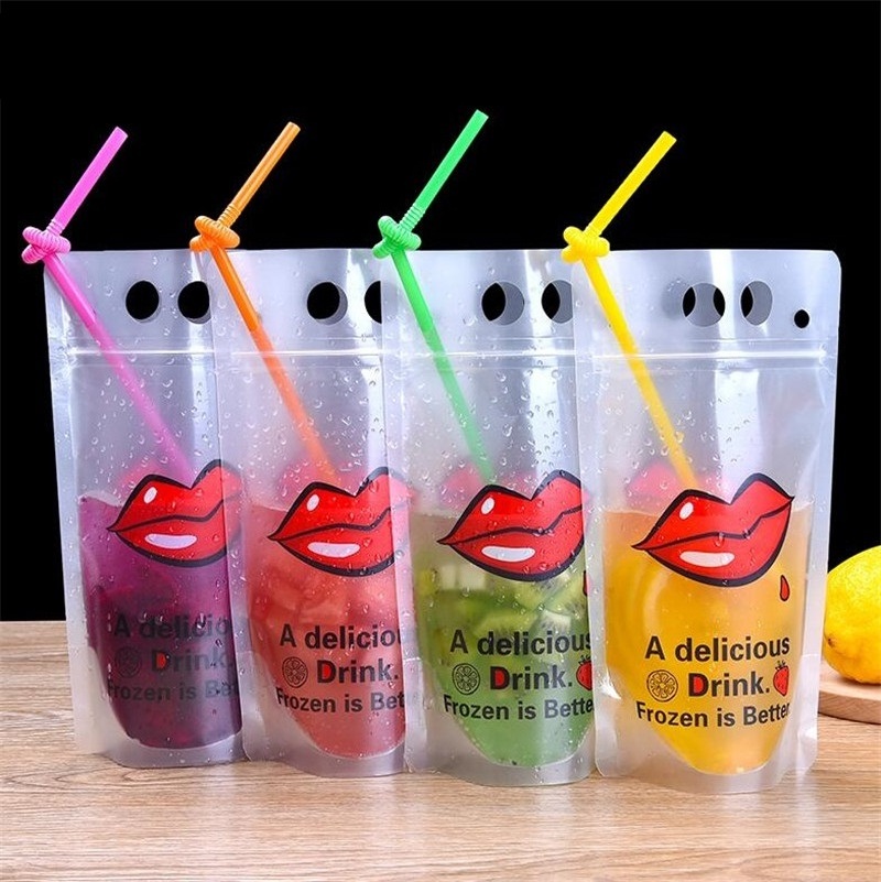 Drink Pouches with Straw Smoothie Bags Juice Pouches, Heavy Duty Hand-Held Translucent Reclosable Ice Drink Pouches Bag