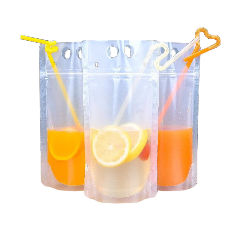 Drink Pouches with Straw Smoothie Bags Juice Pouches, Heavy Duty Hand-Held Translucent Reclosable Ice Drink Pouches Bag