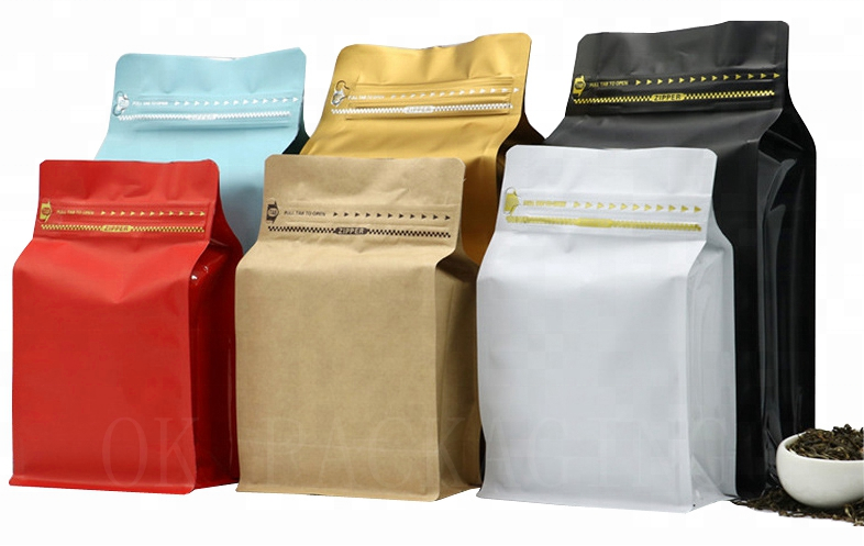 Custom Food Packaging Bag Flat Bottom Pouch Ziplock Bag For Coffee Square Bottom Box Pouch