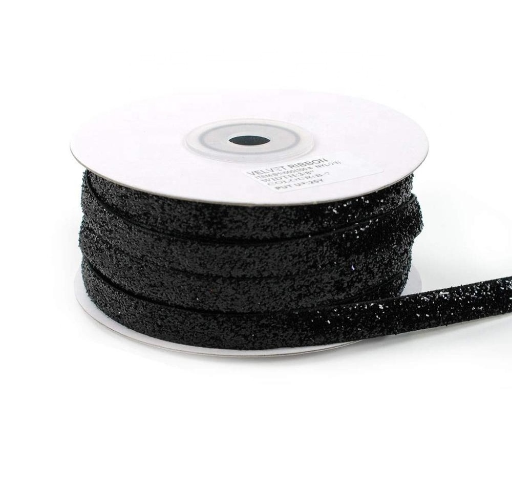 3/8 inch None Stretch Black Glitter Velvet Ribbon