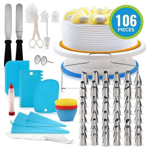 OKSILICONE Amazon Hot Sale 106 PCS Cake Decorating Kit Cake Cookies Pastry Bag Tools With Pastry bags Cake Turntable