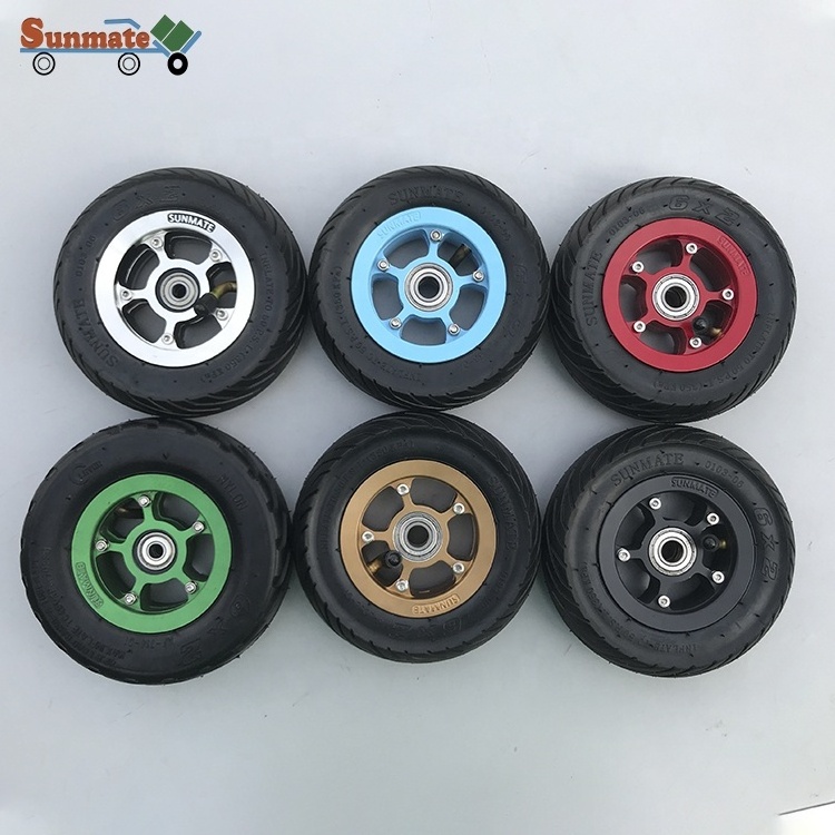 Multi colour 6 inches 150*50 pneumatic wheel for skateboard with full aluminium rim and spoke available 8/10/12 mm bearing