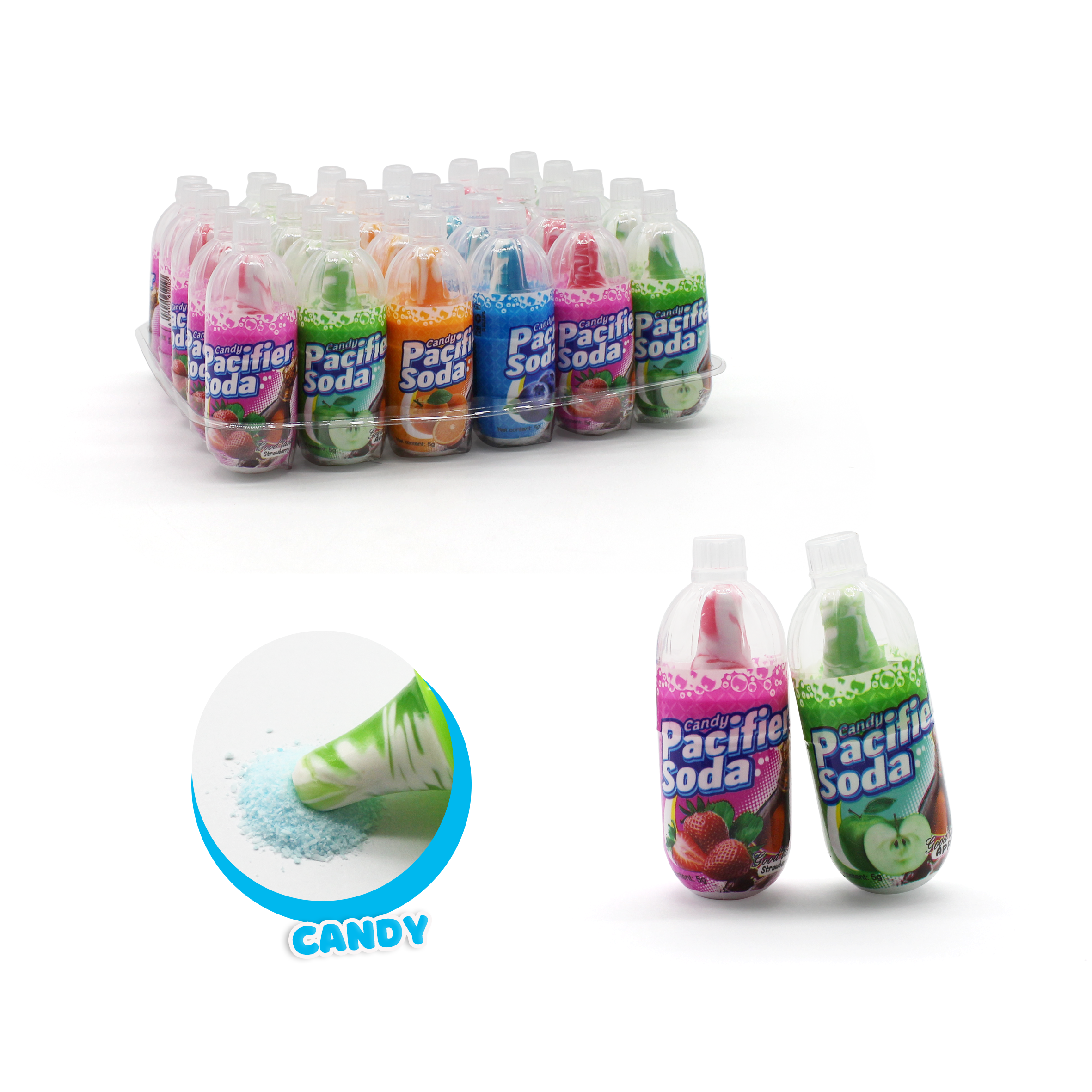 Soda bottle pacifier shaped hard candy and fruit flavored sugar powder