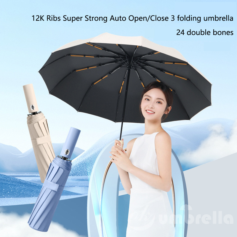 Ok Umbrella Hot Automatic Design 12K Double Bones Windproof Waterproof UV Coated Three Folding Umbrella