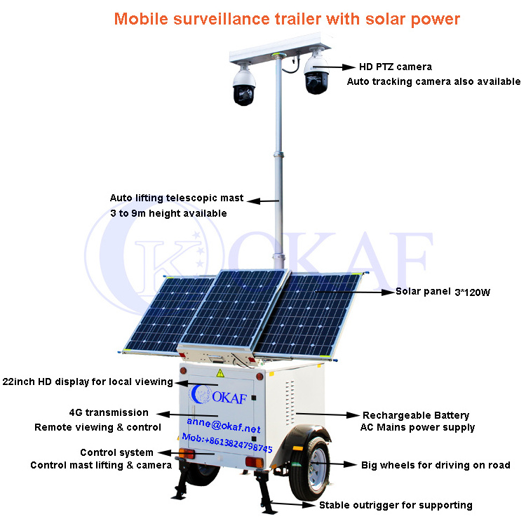 Outdoor Solar Powered Mobile Sentry Security Trailer Portable Surveillance System CCTV Trailer with P2P IP PTZ Camera