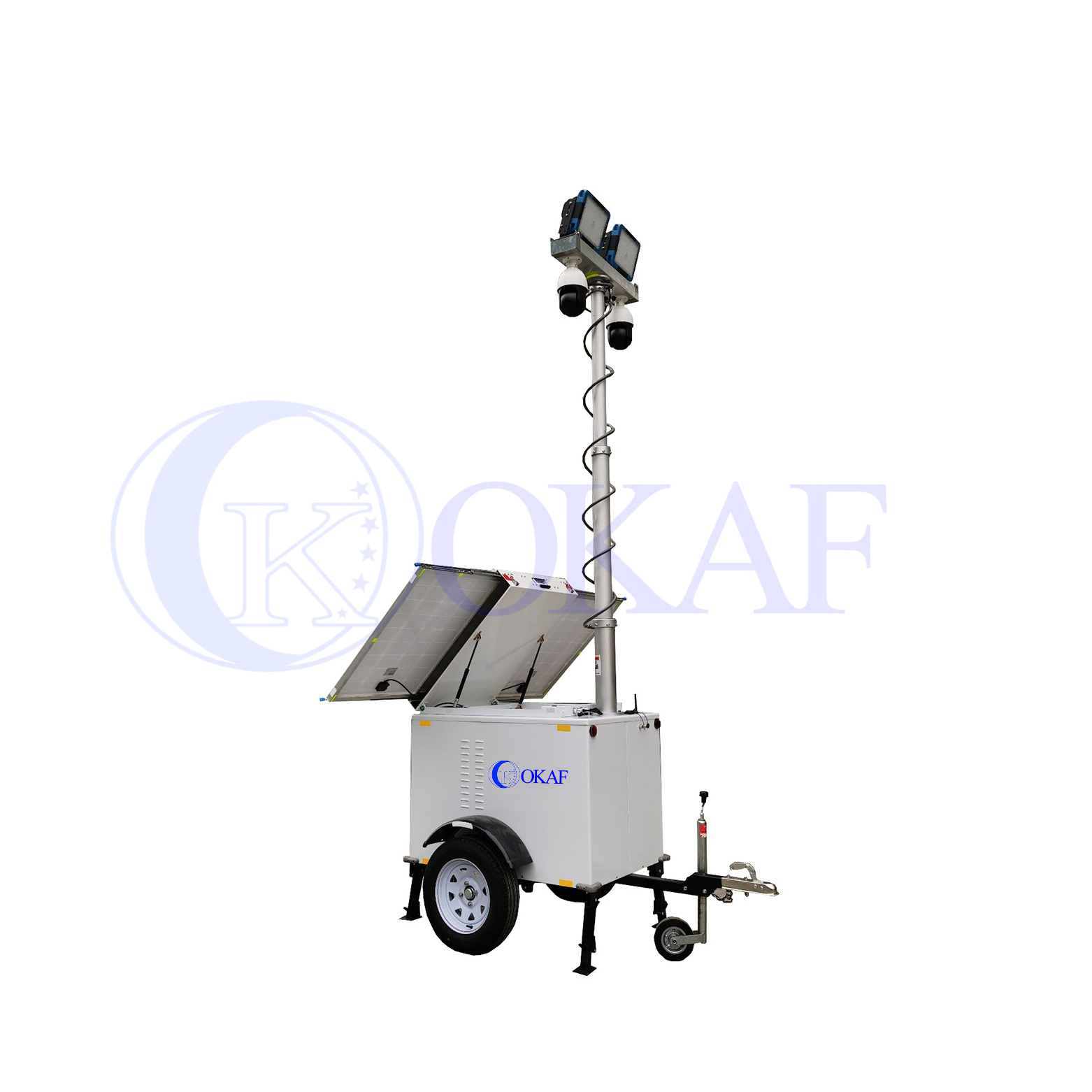 Okaf Solar power panel surveillance  portable mobile cctv trailer with LED mast light tower