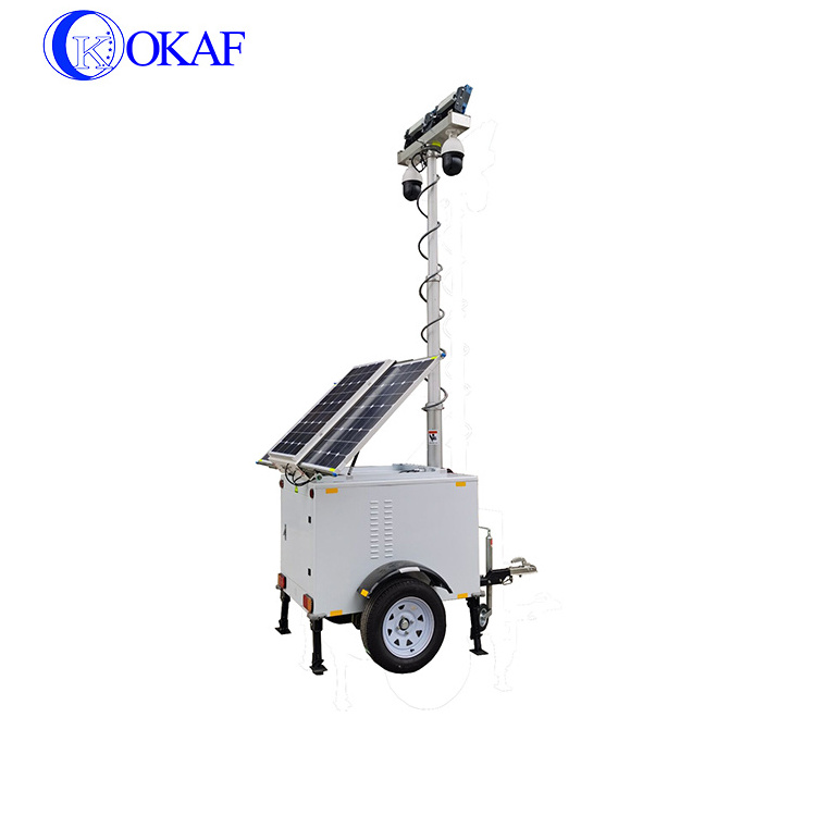 Okaf Solar power panel surveillance  portable mobile cctv trailer with LED mast light tower