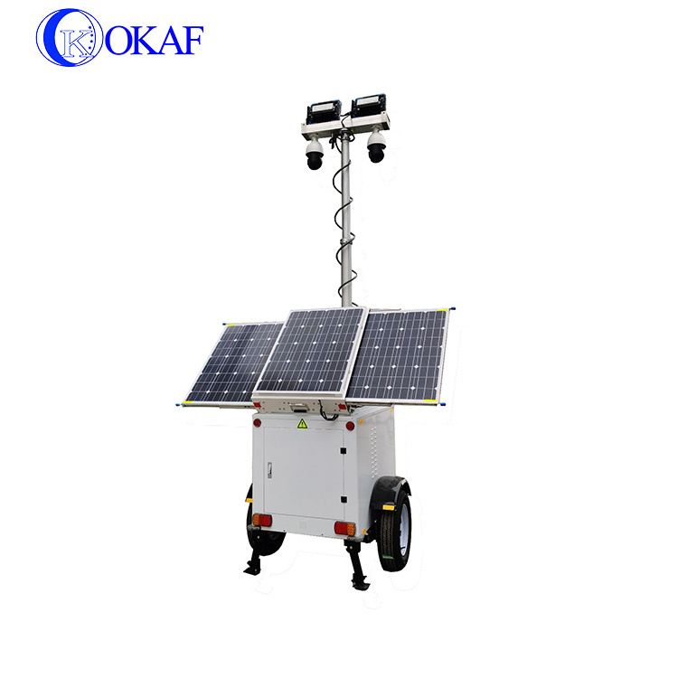 Okaf Solar power panel surveillance  portable mobile cctv trailer with LED mast light tower