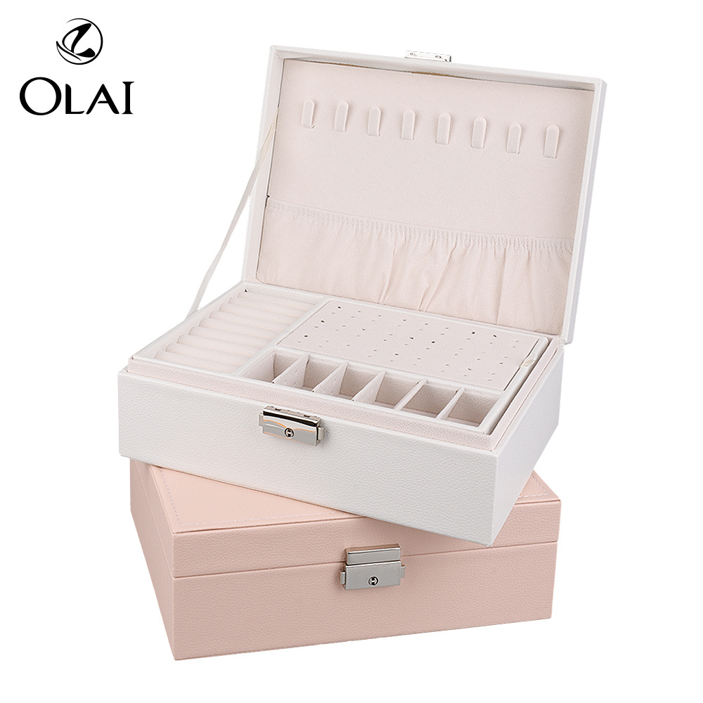 Women's Jewelry Box Senior PU Leather 2 Layer Medium Sized Jewelry Storage Box with Lock