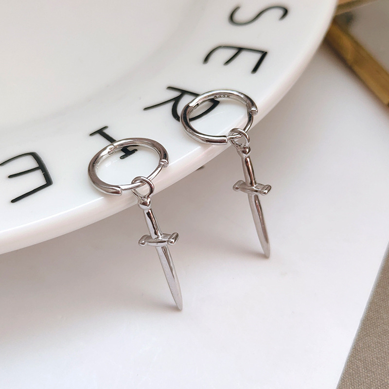 Hot sale punk 925 sterling silver dangle dagger sword earrings for women and men