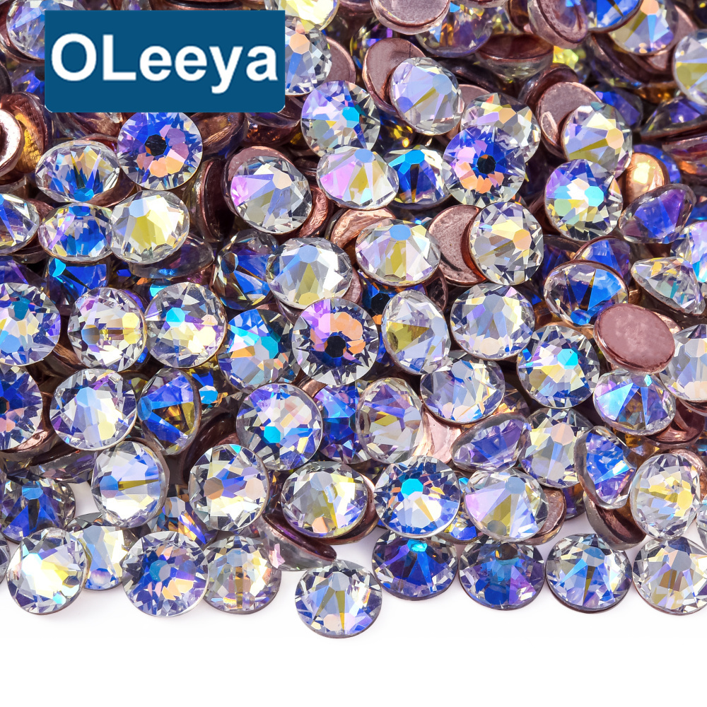 Oleeya Top Quality Glass Hot Fix AB Transparent Rhinestone Cristal Germany Glued on Strass for Bows T-Shirt Dresses Clothes Bags