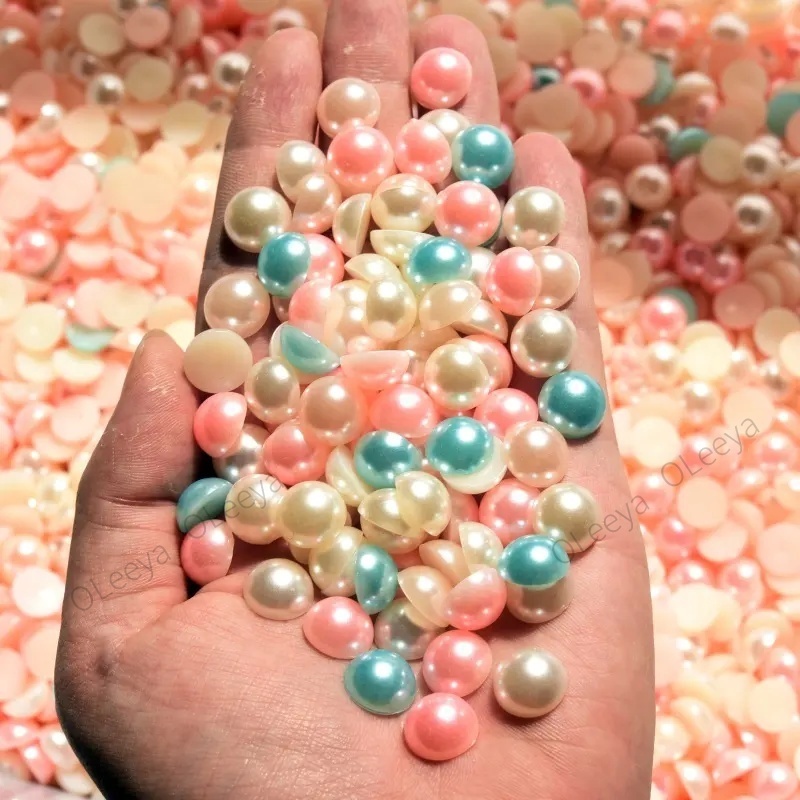 Oleeya Factory Hot Selling Plastic 2mm to 14mm Colorful Half Round Flat Back Pearls Beads For Garment