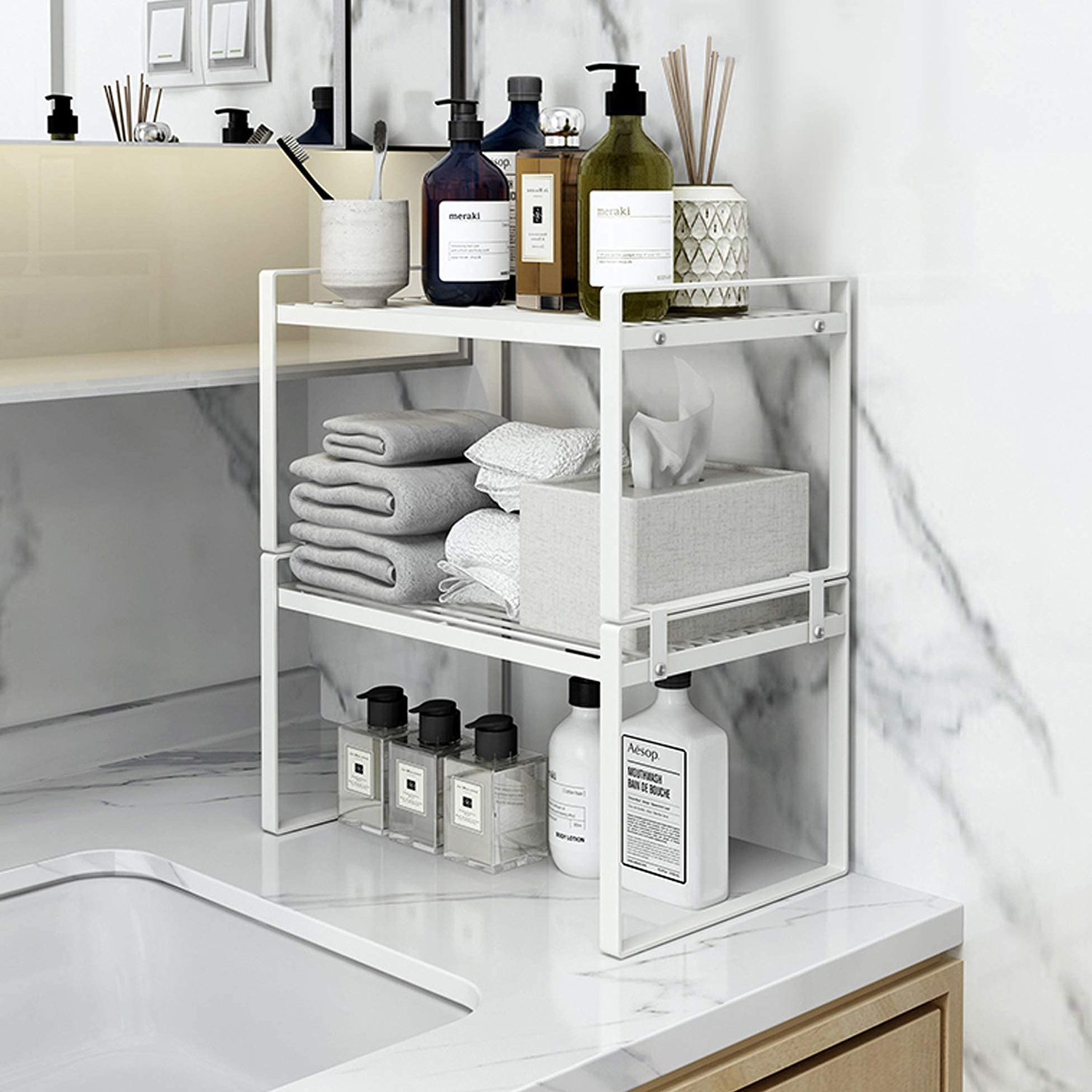 White Coated Countertop Organizer Metal Stackable Shelf Rack Kitchen Cabinet Pantry Shelves